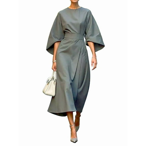 Women'S Elegant Batwing Sleeve Cocktail Party Dress Solid Casual Loose Ruched Slit Midi Dress with Belt Light Gray L