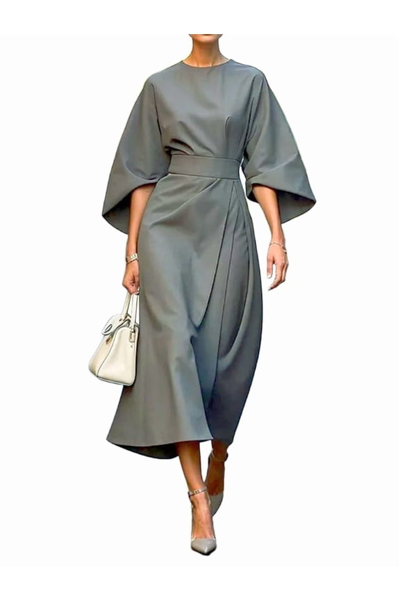 Women'S Elegant Batwing Sleeve Cocktail Party Dress Solid Casual Loose Ruched Slit Midi Dress with Belt Light Gray L
