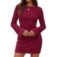 thumbnail image 1 of Women'S Elegant Boat Neck Long Flare Sleeve Ribbed Slim Fit Bodycon Knit Mini Dress Red M, 1 of 9