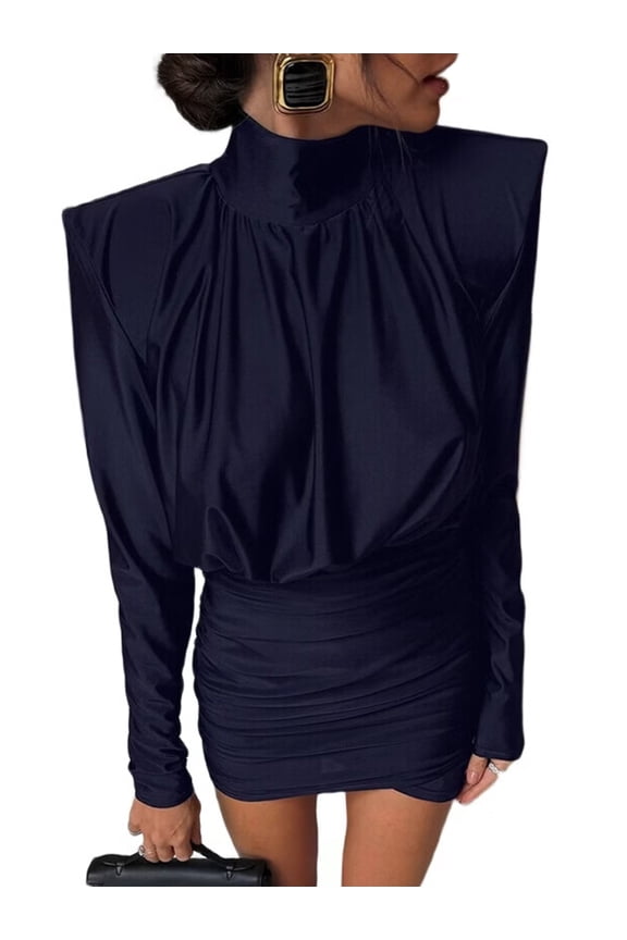 Women'S Elegant Bodycon Mini Dress with Long Sleeves and Ruched Detail for Parties Navy Blue M