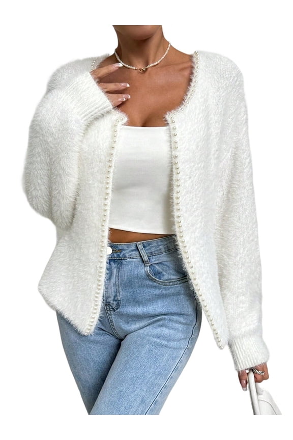 Women'S Elegant Cardigan Sweater Solid Color V-Neck Fashion Beaded Knitted Top Coat Sweater White L