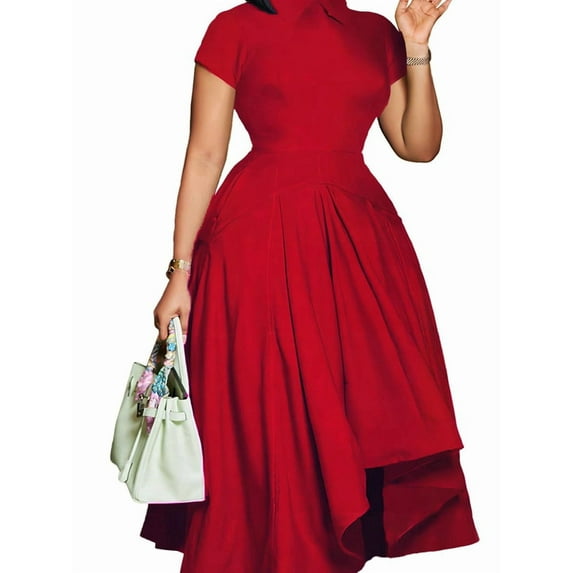Women'S Elegant Casual Short Sleeve Work Party A-Line Dress Red L