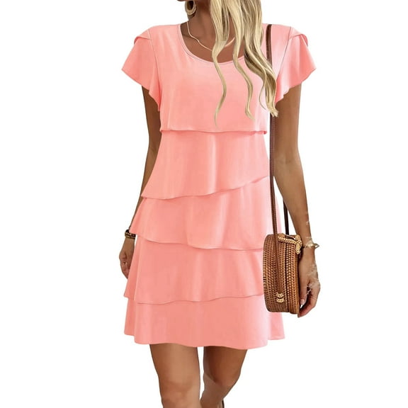 Women'S Elegant Chiffon Dresses Ruffle Tiered Layered Crewneck Flutter Sleeve Cocktail Party Flowy Midi Dress Pink M