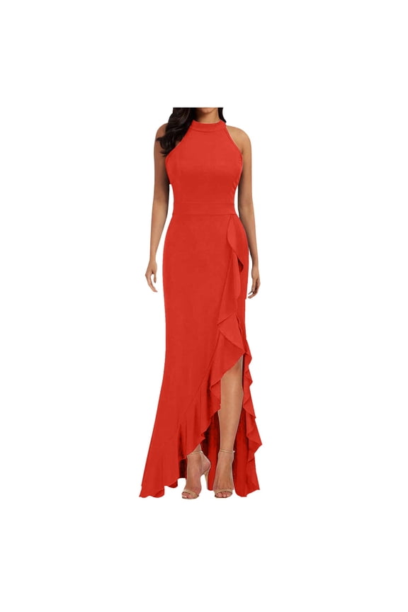 Women'S Elegant Chiffon Maxi Dresses Sleeveless Neck High Waist High Split Ruffle Fashionable Solid Color A-Line Flowy Stylish Formal Wedding Dress Beach Vacation Clothes