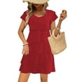 thumbnail image 1 of Women'S Elegant Chiffon Ruffle Tiered Layered Crewneck Flutter Sleeve Cocktail Party Flowy Midi Dress Wine Red XL, 1 of 7