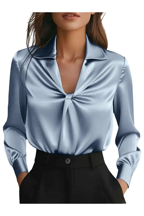 Women'S Elegant Cowl Neck Satin Blouse Long Sleeve Office Work Shirt Silk Top Light Blue S