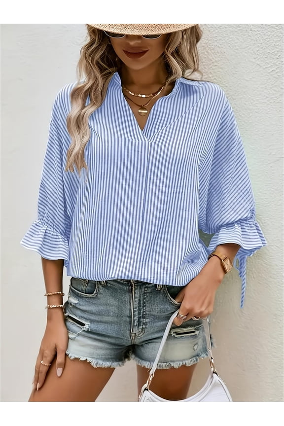 Women'S Elegant Criss-Cross Back Tie Flared Sleeve Striped Shirt Striped V-Neck Swallowtail Casual Fashion Three-Quarter Sleeve Shirt Plus Size Summer Stripe Blouse Cute Puff Sleeve Blue 3XL