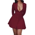 thumbnail image 1 of Women'S Elegant Deep V-Neck Long Sleeve Button Pleated Mini Blazer Dress Wine Red XS, 1 of 9
