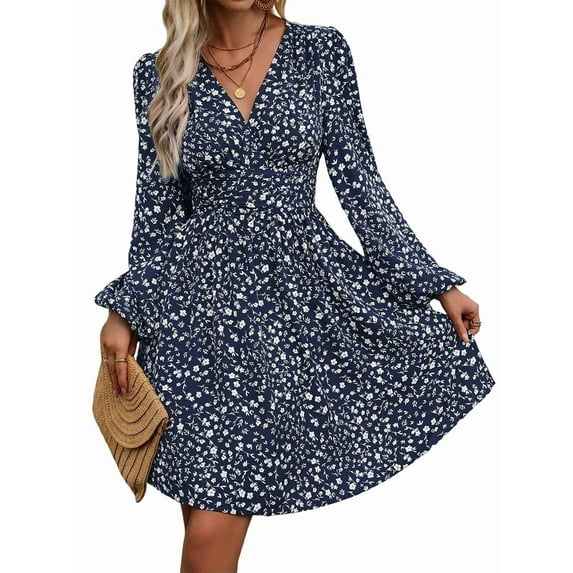 Women'S Elegant Dress V Neck Long Sleeve High Waist Swing Prom Cocktail Short Dresses Small Flowers XXL