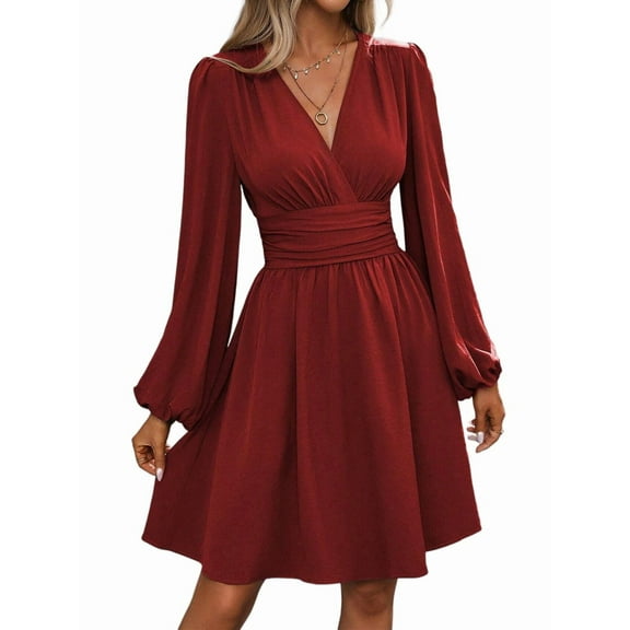 Women'S Elegant Dress V Neck Long Sleeve High Waist Swing Prom Cocktail Short Dresses Wine Red XXL
