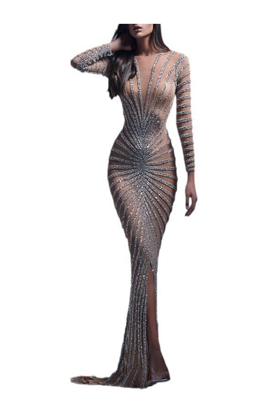 Women'S Elegant Fashion Hot Diamond Mesh See-Through Long Sleeve Slit Maxi Dress Birthday Evening Dress Silver XXXL