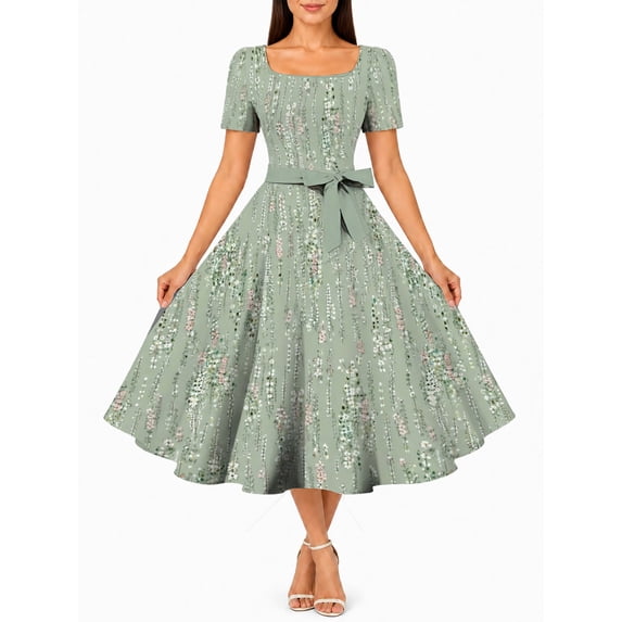 Women'S Elegant Green Flower Branches Midi Dress Square Neck Short Sleeve Belted Swing Party Dress