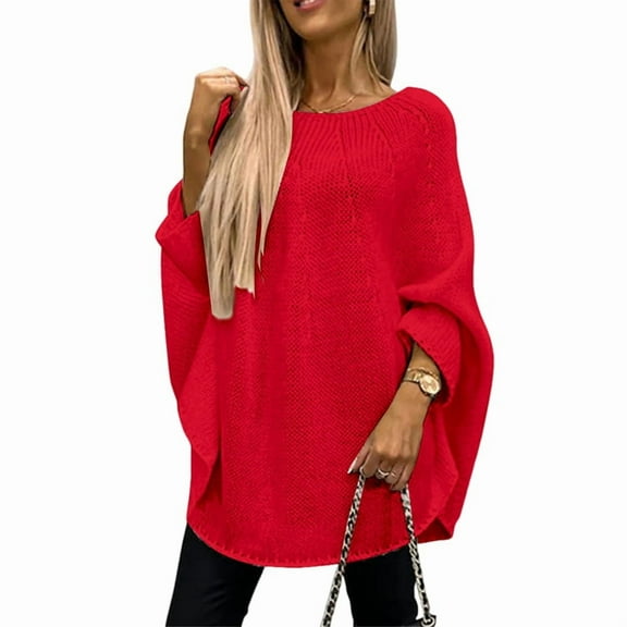 Women'S Elegant Knitted Cape Sweater Crew Neck Long Sleeve Baggy Tops Fashion Knitted Shawl Sweater Red L
