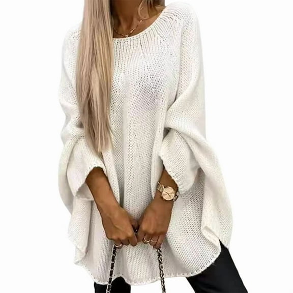 Women'S Elegant Knitted Cape Sweater Crew Neck Long Sleeve Baggy Tops Fashion Knitted Shawl Sweater White XXL