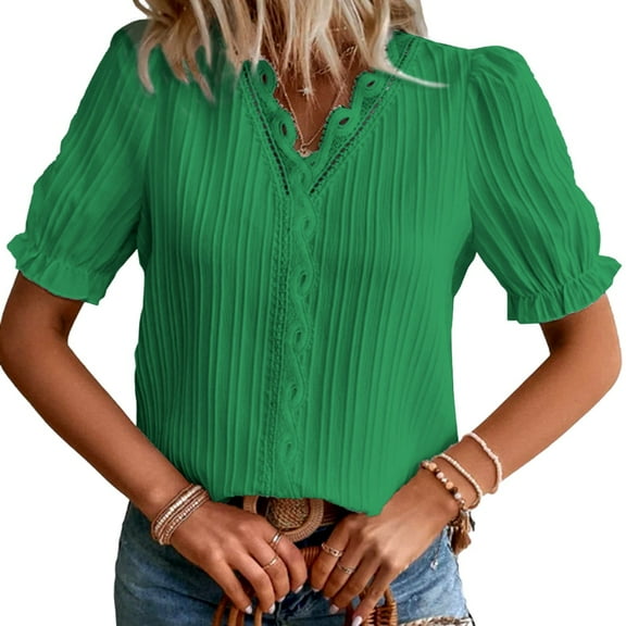 Women'S Elegant Lace V Neck Short Sleeve Solid Tops Shirt Blouse Green L