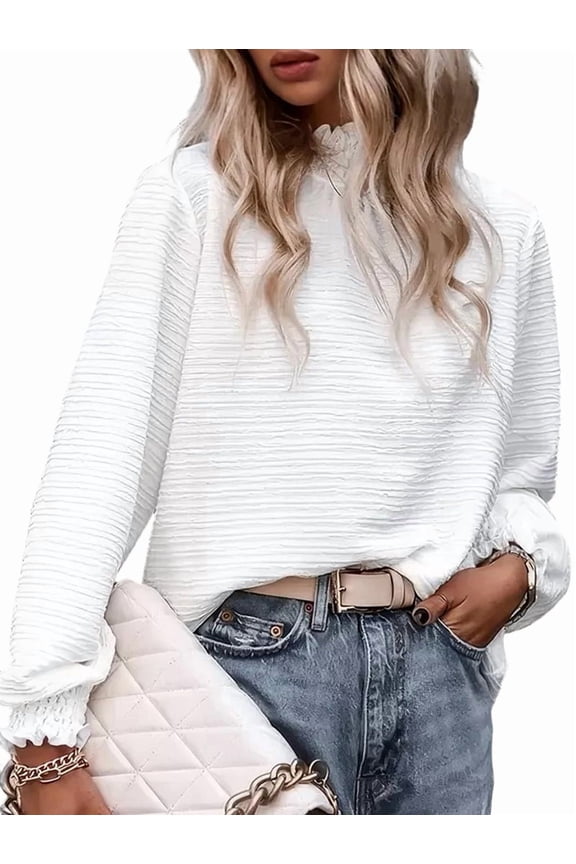 Women'S Elegant Long Lantern Sleeve Shirts High Neck Ruffle Blouse Pullover White M