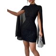 thumbnail image 1 of Women'S Elegant Long Sleeve Flutter Sleeve Bodycon Dress with Rhinestone Detail Step Skirt Black XL, 1 of 7