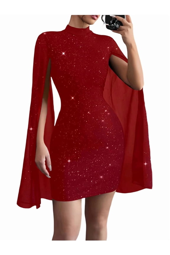 Women'S Elegant Long Sleeve Flutter Sleeve Bodycon Dress with Rhinestone Detail Step Skirt Red XXL