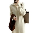 thumbnail image 1 of Women'S Elegant Long Sleeve Lapel Knitted Fall Winter Over-The-Knee Sweater Dress with Zipper Cream White One size, 1 of 8