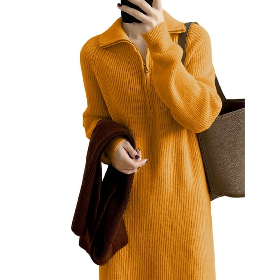 Women'S Elegant Long Sleeve Lapel Knitted Fall Winter Over-The-Knee Sweater Dress with Zipper Orange Color One Size
