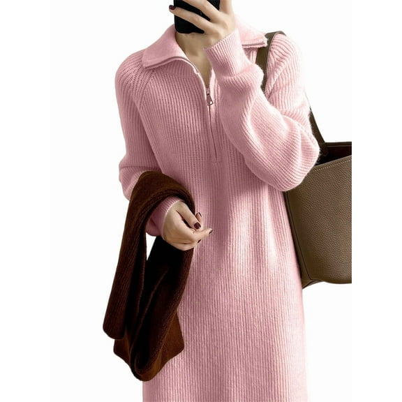 Women'S Elegant Long Sleeve Lapel Knitted Fall Winter Over-The-Knee Sweater Dress with Zipper Pink One Size