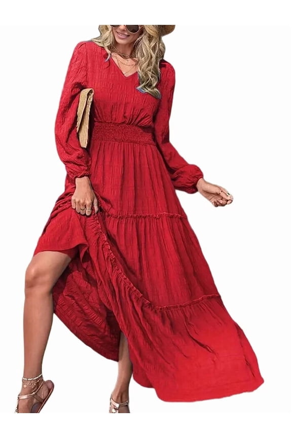 Women'S Elegant Long Sleeve V Neck Maxi Dress for Fall Weddings and Holiday Parties with Pockets Red M