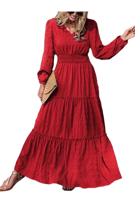 Women'S Elegant Long Sleeve V Neck Maxi Dress for Fall Weddings and Holiday Parties with Pockets Red XL