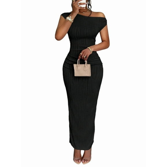 Women'S Elegant Maxi Dress Short Sleeve Bodycon Cocktail Prom Summer Oblique Off-Shoulder Black XXL