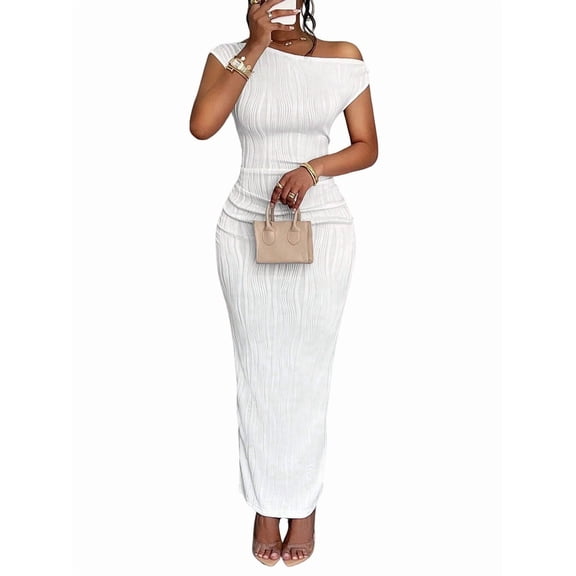 Women'S Elegant Maxi Dress Short Sleeve Bodycon Cocktail Prom Summer Oblique Off-Shoulder White M