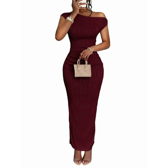 Women'S Elegant Maxi Dress Short Sleeve Bodycon Cocktail Prom Summer Oblique Off-Shoulder Wine Red M