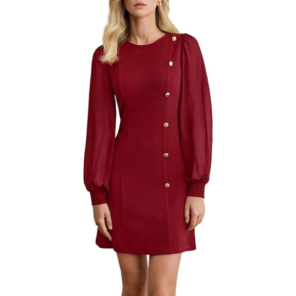 Women'S Elegant Mesh Mini Dress Crew Neck Long Sleeve Button Down Casual Business Short Party Dress Wine Red L