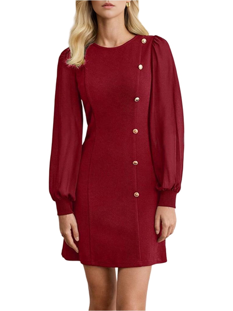 Coolmee Women Elegant Round Neck Mesh Contrast Stitching Slim Long Sleeve Button Wrap Mini Dress Wine Red XL Coolmee Women Elegant Round Neck Mesh Contrast Stitching Slim Long Sleeve Button Wrap Mini Dress Wine Red XL