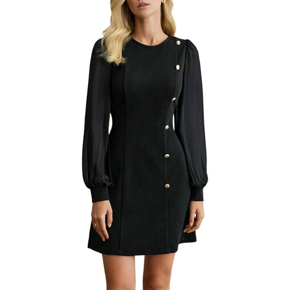 Women'S Elegant Mesh Mini Dress Crew Neck Long Sleeve Button Down Casual Business Short Party Dress