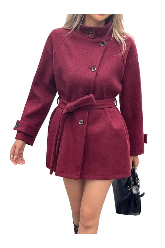 Women'S Elegant Mock Neck Collar Single Breasted Wool Blend over Coat with Belt Wine Red M