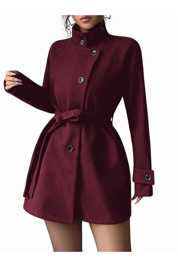Women'S Elegant Mock Neck Collar Single Breasted Wool Blend over Coat with Belt Wine Red S