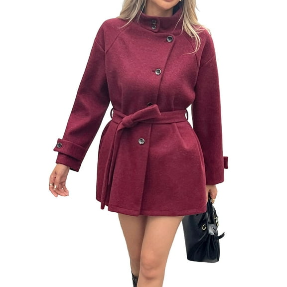 Women'S Elegant Mock Neck Collar Single Breasted Wool Blend over Coat with Belt Wine Red XL
