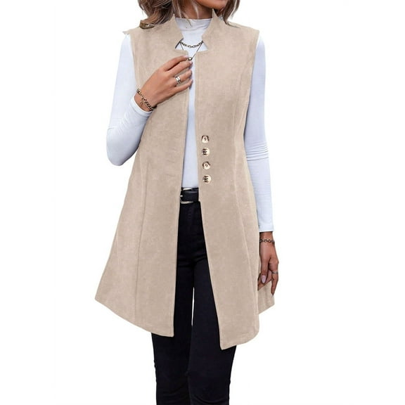 Women'S Elegant Plus Size Sleeveless Front V-Neck Long Coat Apricot XL