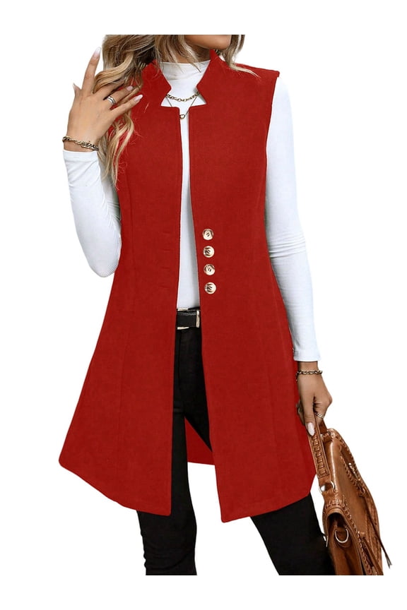 Women'S Elegant Plus Size Sleeveless Front V-Neck Long Coat Red XL