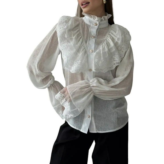 Women'S Elegant Ruffle Shirt Long Sleeves Neckline Button-Up Victorian Style Shirt Top White M