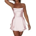 thumbnail image 1 of Women'S Elegant Satin A-Line Summer Sleevesless Rompers Bandage Back Spaghetti Strape Tiered Mini Dress Jumpsuits Pink L, 1 of 8