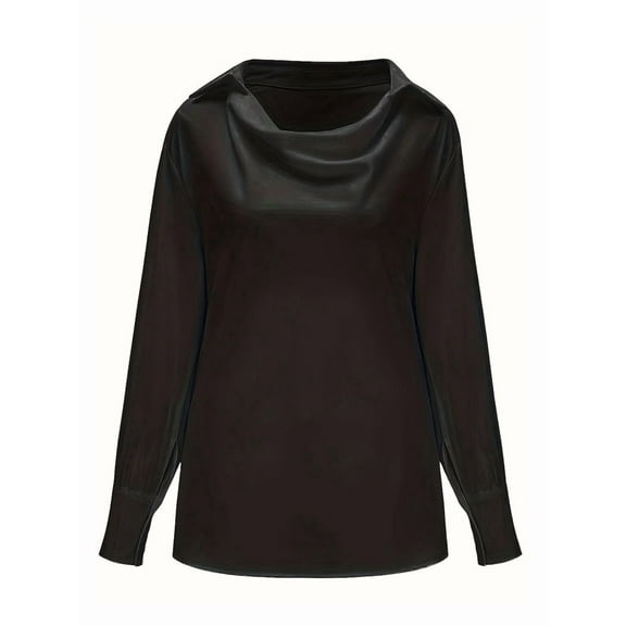 Women'S Elegant Satin Silk Blouse Cowl Neck Ruched Front Draped Long Sleeve Work Office Shirt Top Black M
