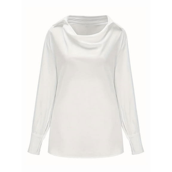 Women'S Elegant Satin Silk Blouse Cowl Neck Ruched Front Draped Long Sleeve Work Office Shirt Top White L