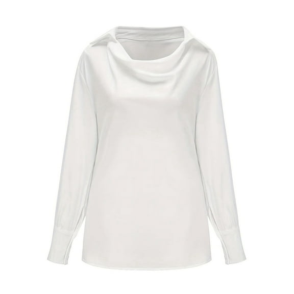 Women'S Elegant Satin Silk Blouse Cowl Neck Ruched Front Draped Long Sleeve Work Office Shirt Top White M