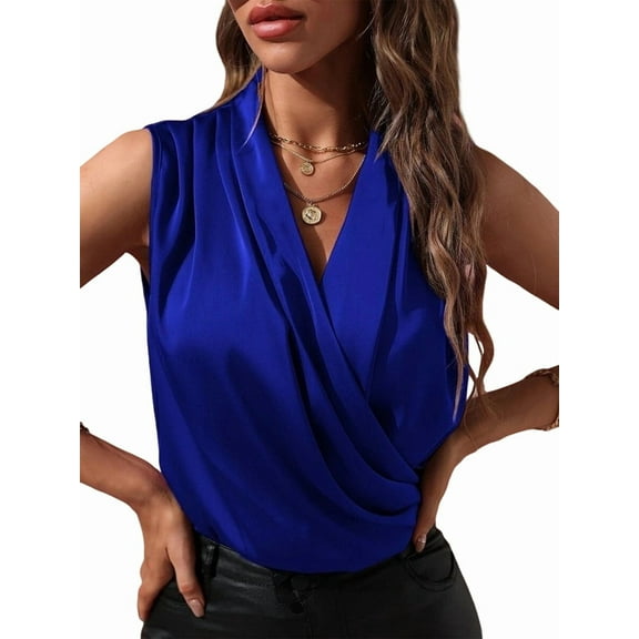 Women'S Elegant Satin Wrap V Neck Sleeveless Tank Blouse Tee Top Blue L
