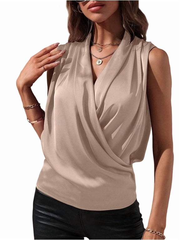 Women'S Elegant Satin Wrap V Neck Sleeveless Tank Blouse Tee Top Champagne L