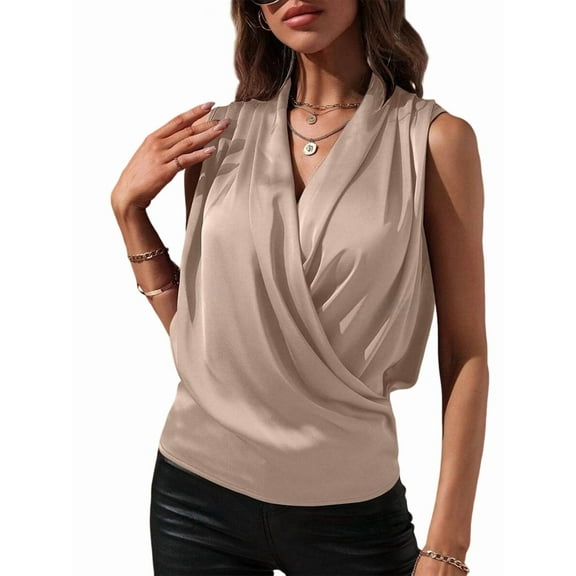 Women'S Elegant Satin Wrap V Neck Sleeveless Tank Blouse Tee Top Champagne M