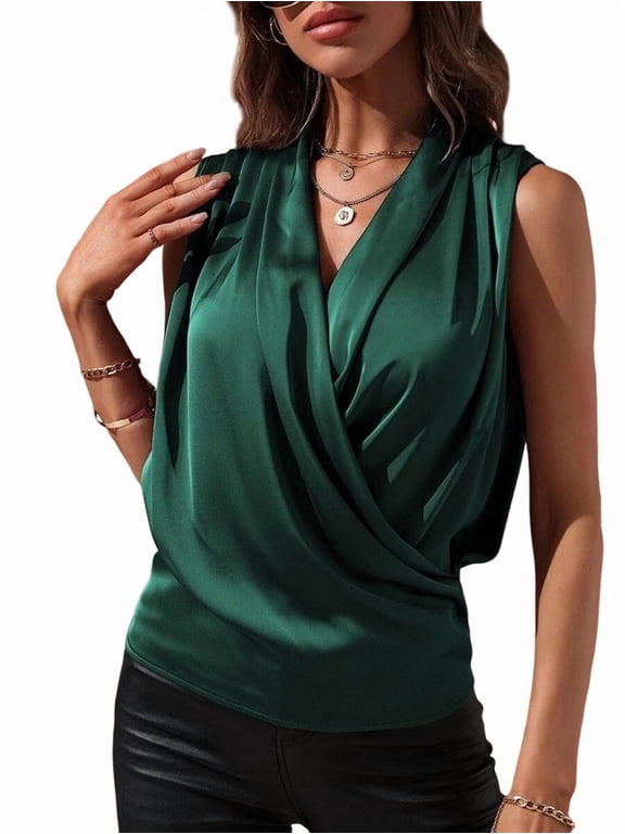 Women'S Elegant Satin Wrap V Neck Sleeveless Tank Blouse Tee Top Green S