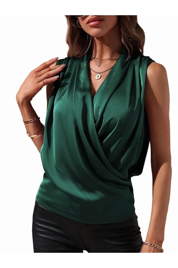 Women'S Elegant Satin Wrap V Neck Sleeveless Tank Blouse Tee Top Green S