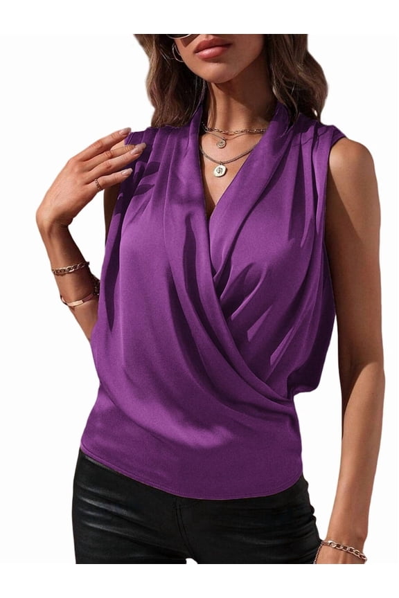 Women'S Elegant Satin Wrap V Neck Sleeveless Tank Blouse Tee Top Purple M