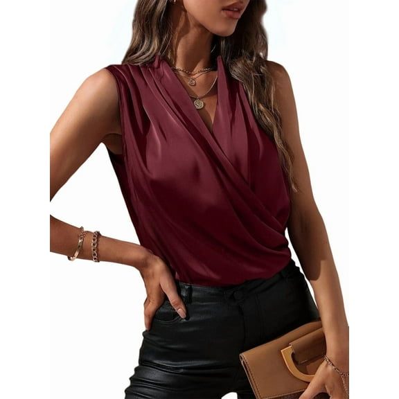 Women'S Elegant Satin Wrap V Neck Sleeveless Tank Blouse Tee Top Wine Red XL